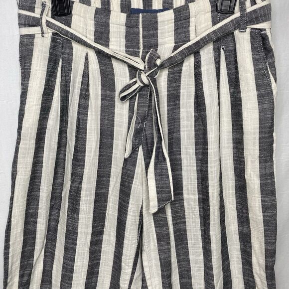 INDIGO RISING Pants Linen Striped Pleated Smocked Waist Wide Leg Womens L Black - Picture 1 of 10